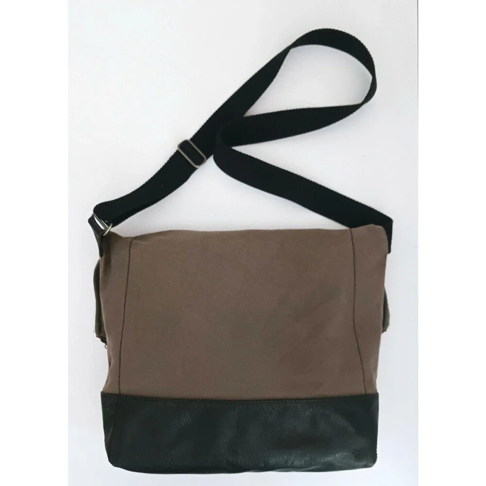Brooklyn Industries Brown Canvas Messenger Bag Blk Pebble Grain Leather Unisex